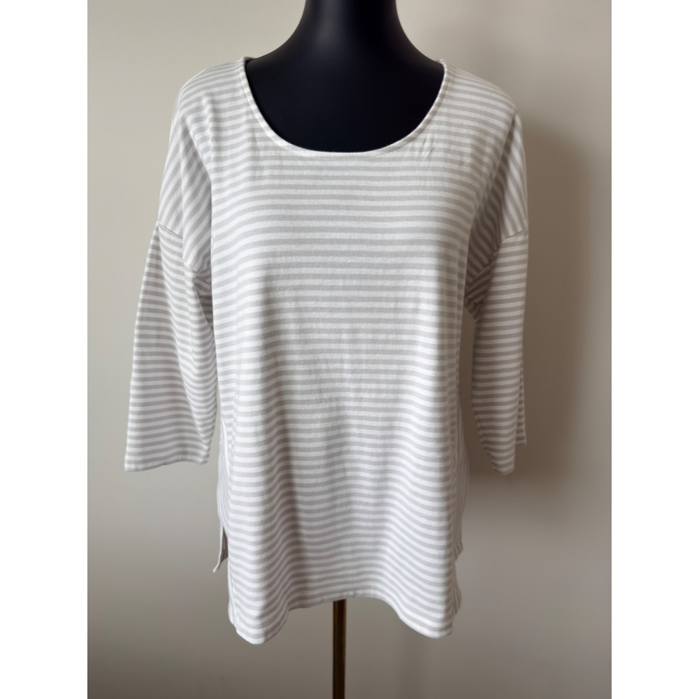 Chicos Ultimate Tee Womens Size 2 (XL) Gray White Striped Pima Cotton 3/4 Sleeve